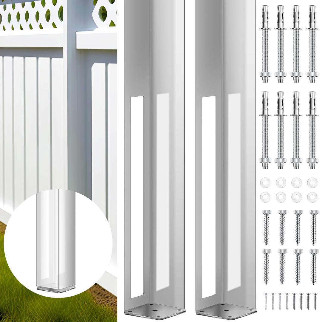 Hicarer 2 Sets 5" x 5" x 48" Vinyl Fence Concrete Post Heavy Duty Fence Post for Vinyl Newel Posts Mount Tower with Mounting Kit - Galvanized Steel, 300 lbs Load Capacity