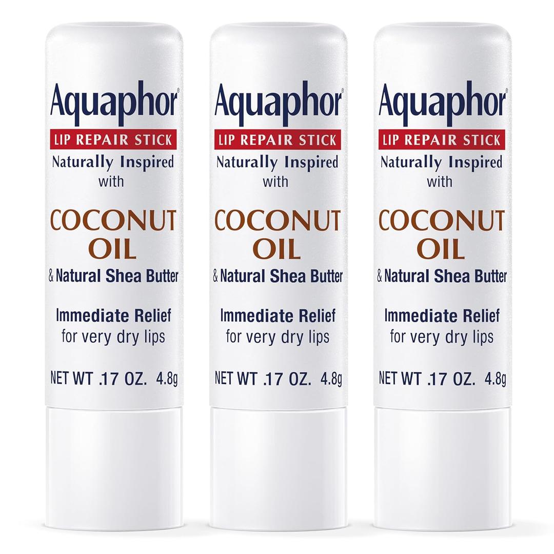 Aquaphor Naturally Inspired Lip Repair Stick with Coconut Oil and Natural Shea Butter, Hydrating Lip Balm Immediately Relieves Dryness and Soothes Chapped Lips, 0.17 Oz Stick, Pack of 3