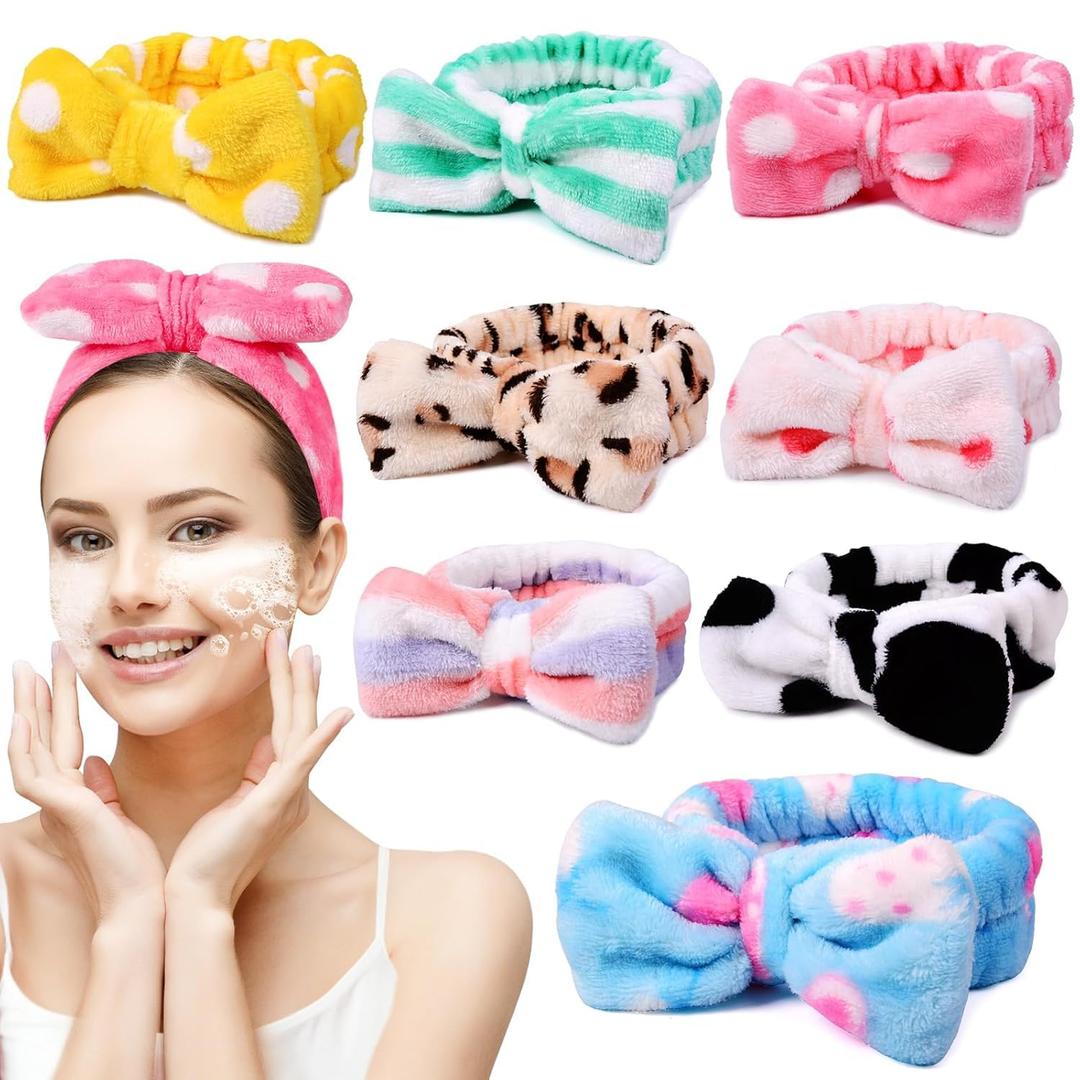 8 Pcs Spa Headbands for Women Facial Makeup Headband Stocking Stuffers For Women Teen Coral Fleece Easter Basket Stuffers Goodie Bags Gift Baskets Easter Gifts Hair Band Party Favors Mothers Day Gift (Purple, yellow, blue, pink, green, purple with dot or stripe, cow, leopard)
