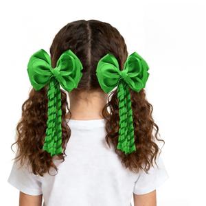 Green Hair Bows Shamrock Clips with Long Spiral Tassels, 2PCS | Curly Ribbon, Clover Hairpins for Girls Women St Patrick's Day Hair Accessories Party Decor Holiday Cheerleader Outfit