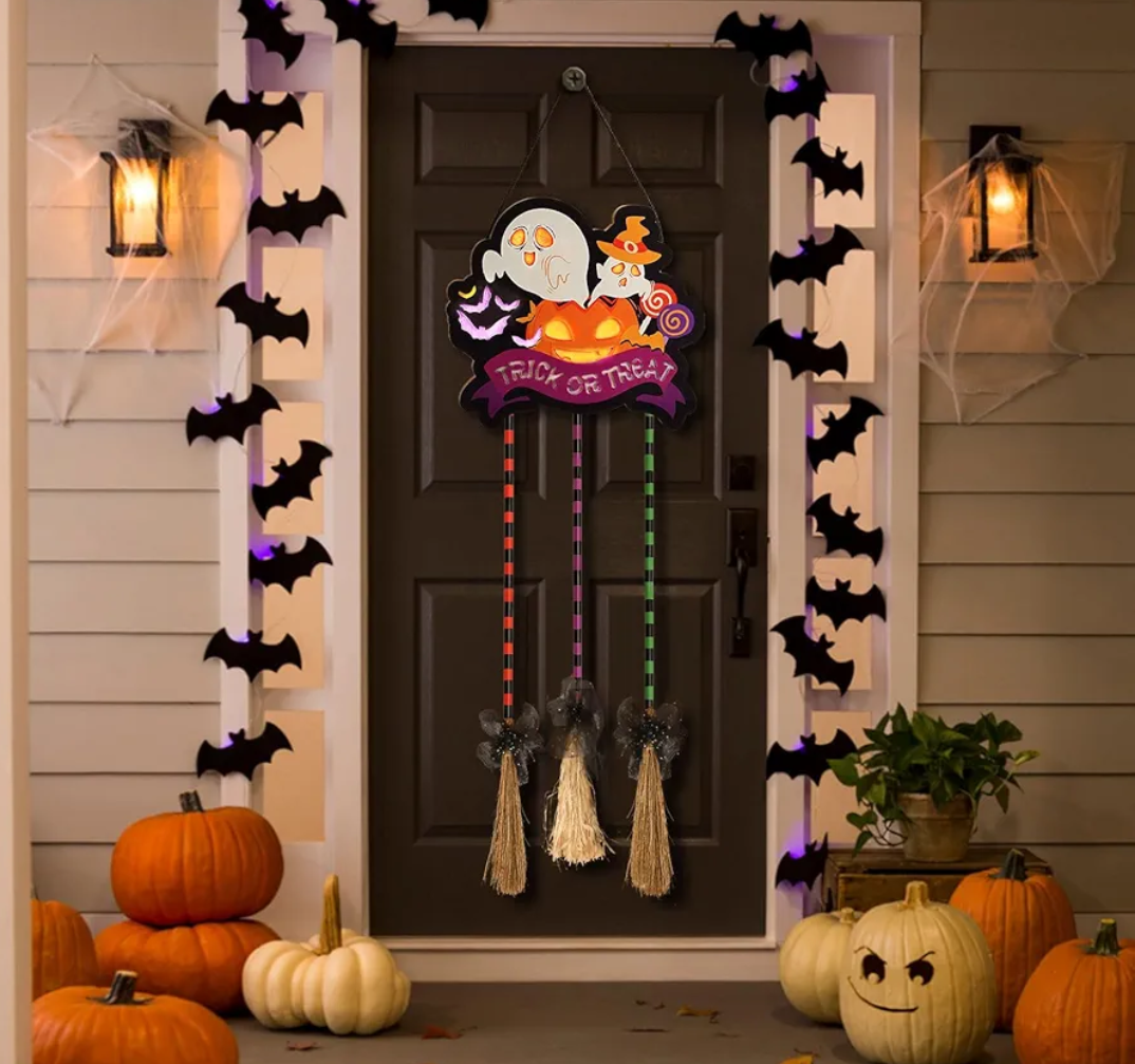 Witches Broom Halloween porch decor Wall Decor 3Pcs Broom alloween Ghost Halloween Party Decorations Indoor,outdoor Built-in led light sign