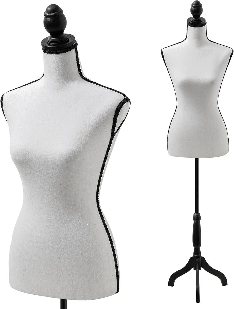 Manikin 49.6”-63.4”Height Adjustable Female Dress Model Display Torso Body Wooden Tripod Stand Clothing Forms High Density Foam Portable Display Mannequin (Cream), Black