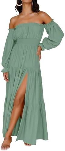 ZESICA Women's 2025 Boho Sexy Off Shoulder Long Sleeve Smocked High Waist Side Split Flowy A Line Tiered Long Maxi Dress Size Medium