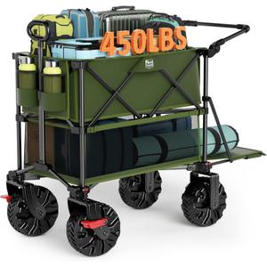 TIMBER RIDGE Push & Pull Double Decker Wagon, 400L Large Capacity Heavy Duty & 450lb Load, Collapsible Cart with All-Terrain Wheels & Brakes, 54 Extended Foldable for Sports, Beach, Camping, Green