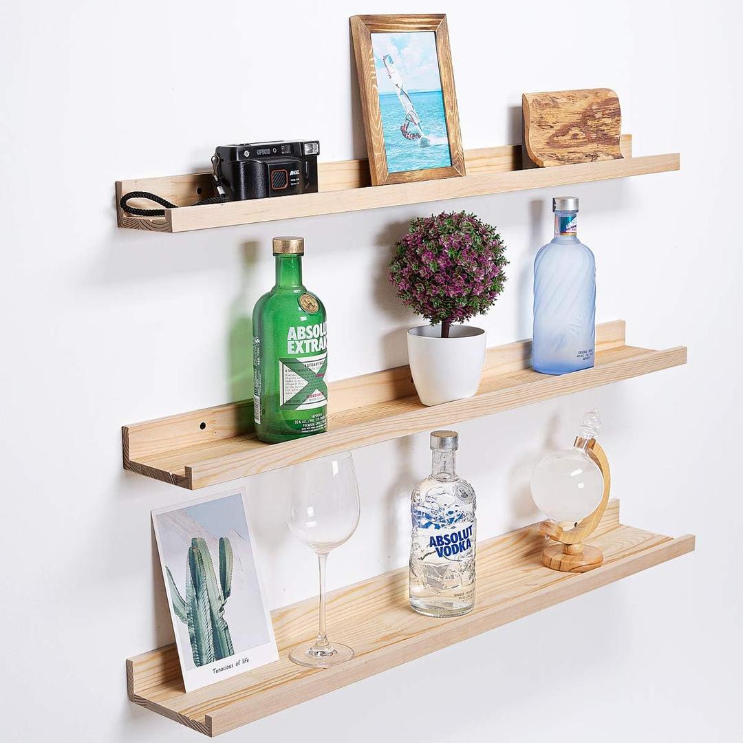 AZSKY 48 Inch Large Wood Floating Shelves for Wall Set of 3, Rustic Natural Picture Ledge Shelf Decor for Bedroom Kitchen Bathroom Living Room Nursery Display, 3 Same Sizes