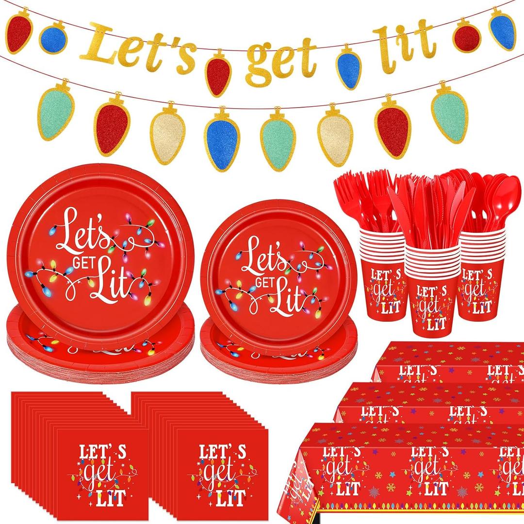 Baderke 195 Pcs Christmas Party Supplies Let's Get Lit Disposable Tableware Set Red Christmas Plates Tablecloth Banner Napkins Cups Forks Knife Spoon Friendsmas Xmas Holiday Decorations for 24 Guests