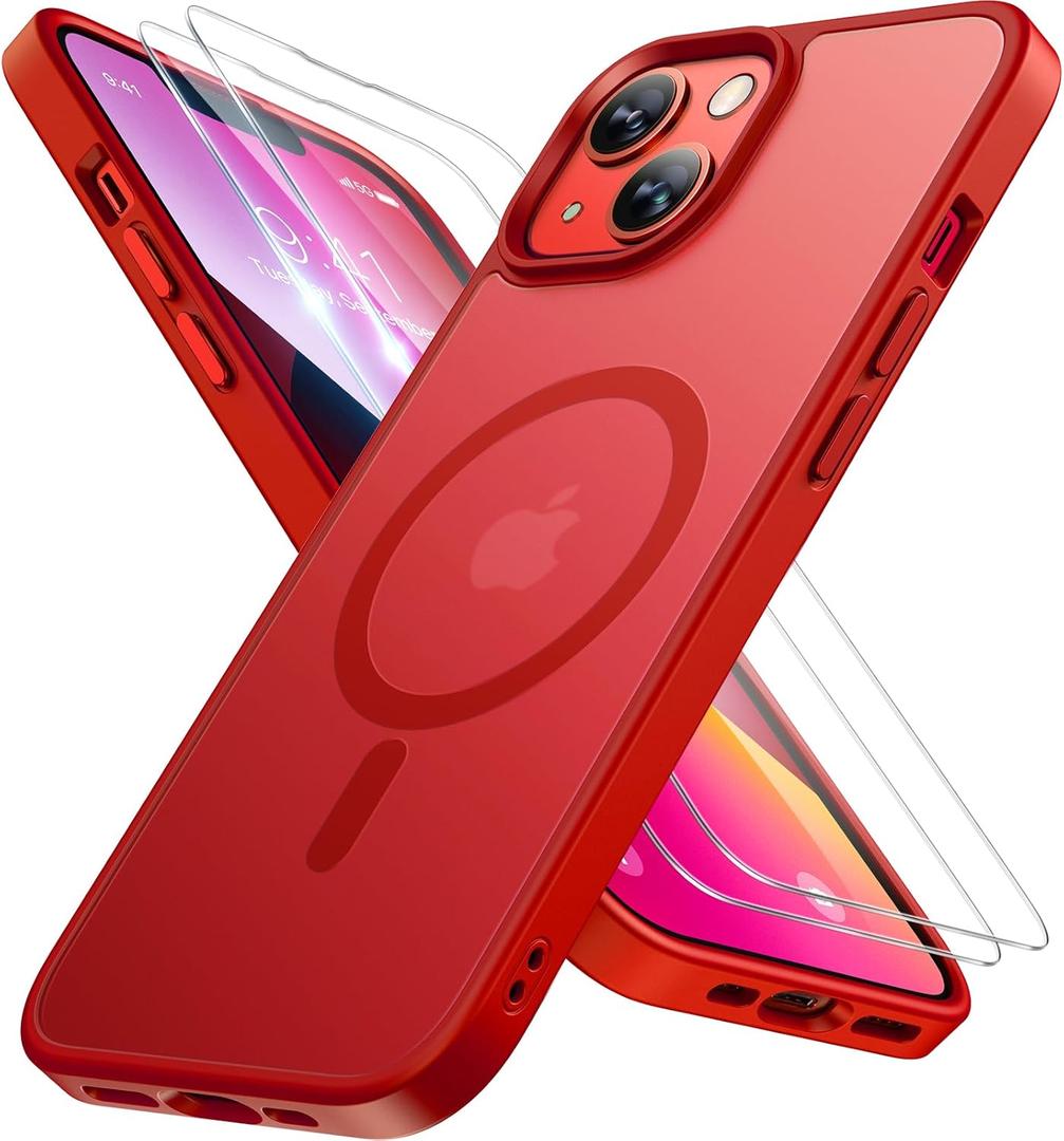 Miracase Magnetic for iPhone 14 Case 6.1 inch (Compatible with MagSafe)with 2X Screen Protectors Military-Grade Protection, Anti-Fingerprint Translucent Matte Phone Case Cover, Red