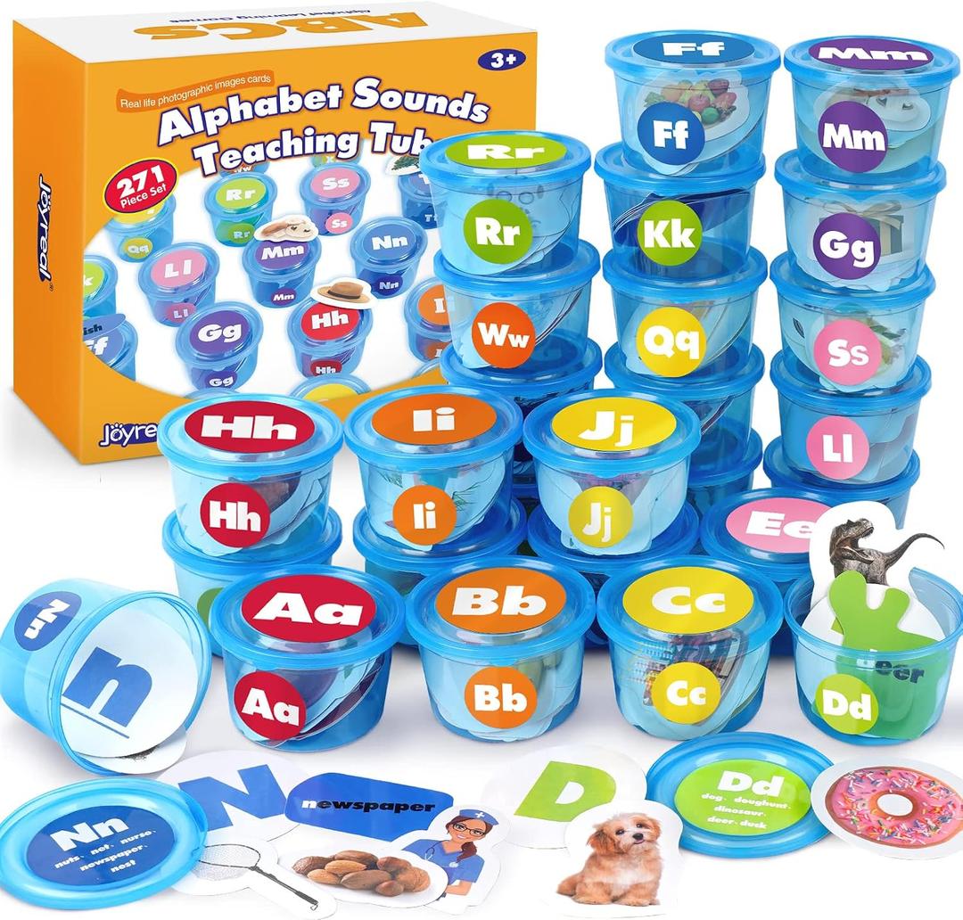 Joyreal 271 PCS Alphabet Learning Toys for Toddlers 3-5, ABC Phonics Games with 26 Sorting Tubs & Flash Cards, Montessori Preschool Classroom Must Haves, Letter Sounds Recognition Activities, Normal