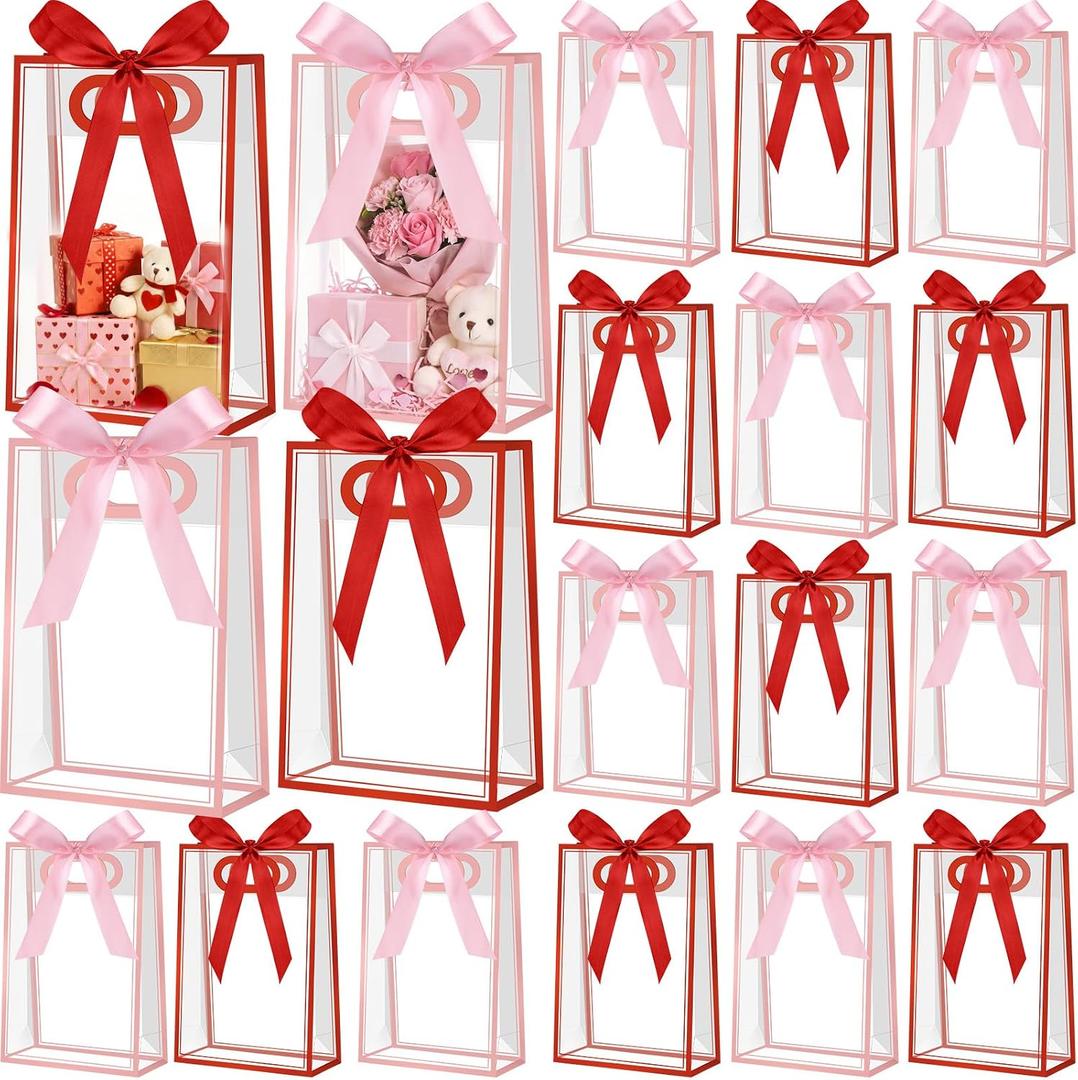 Mooliwe 24 Pcs Red Pink Clear Plastic Gift Bags with Handles 10.2 x 7.08 x 3.15 in Reusable Treat Bags with Ribbons Goodie Gift Wrap Bag for Valentine Parties, Birthday, Wedding Supplies