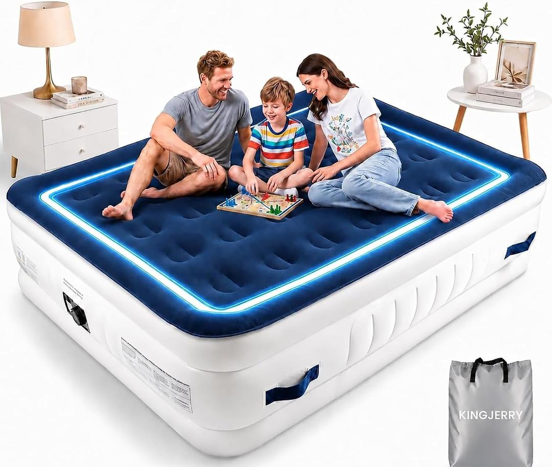 KINGJERRY Air Mattress Queen with Built in Pump, Leak-Tested, 4 Portable Handles, 18" Raised Comfort, Anti-collapse Design, 800lb Support, 3 Mins Inflation, Inflatable Mattress for Home Guest &Camping
