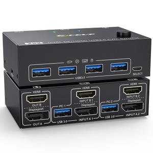 HDMI USB 3.0 KVM Switch for 2 Computers, Dual Monitor DisplayPort KVM Switcher Supports 8K@60Hz 4K144Hz, Share Keyboard, Mouse and Monitor