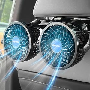 Poraxy Car Fan, Dual Head Car Fans for Backseat for Kids, Headrest 360 Degree Rotatable Back Seat Stepless Speed Vehicles Rear Seat 12V Cooling Air Fan for Sedan SUV RV
