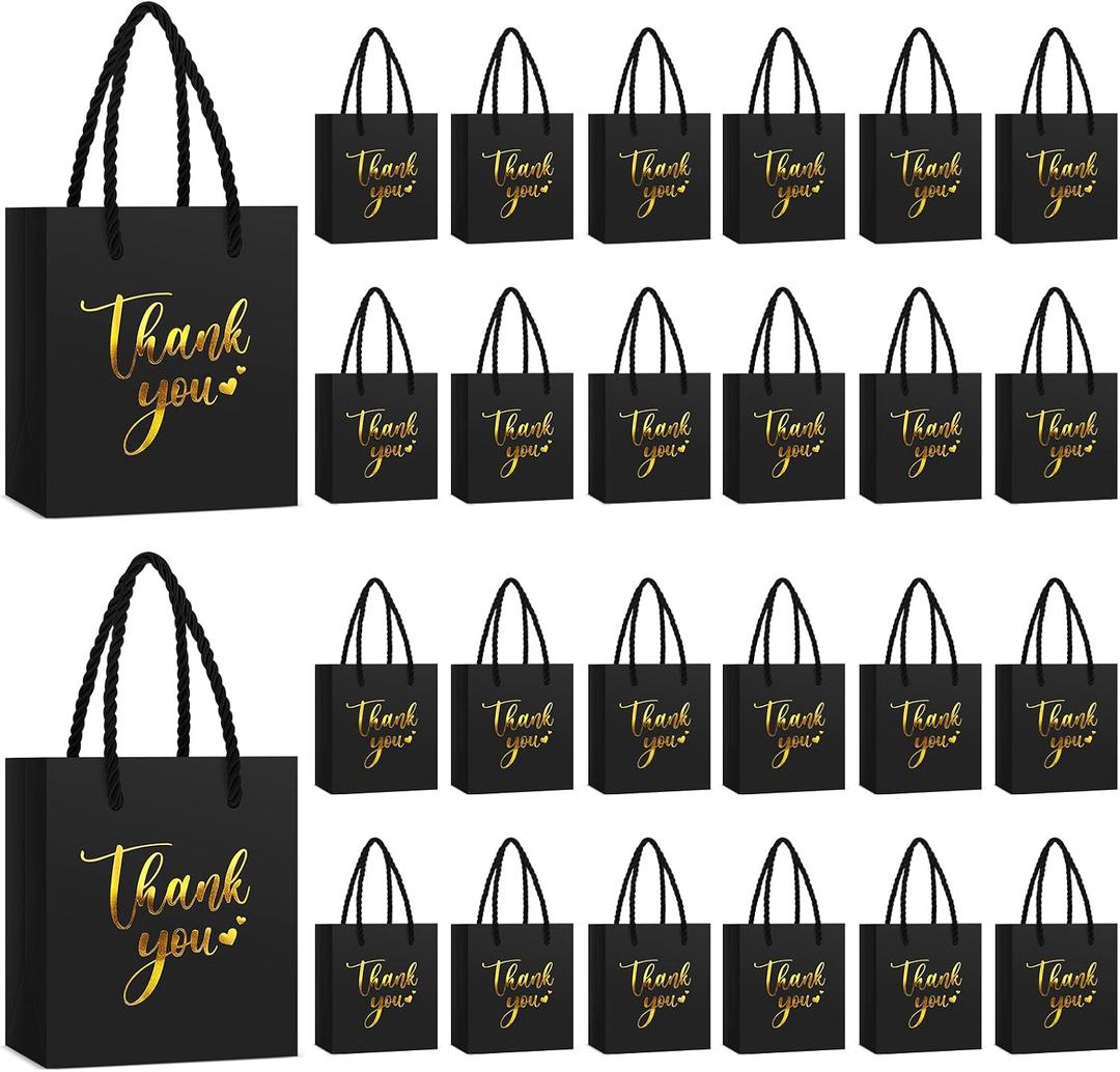 Honoson 60 Pcs Mini Thank You Gift Bag with Handle Bulk 4 x 2.75 x 4.5'' Small Paper Foil Bag for Wedding Gift Wrapping Birthday Party(Black)