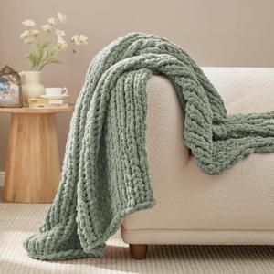 Amlie Home Chunky Knit Throw Blanket for Couch, Soft Chenille Crochet Blanket for Children, 40"x50", Sage Green