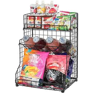 3-Tier Snack Organizer Rack Bins with Adjustable Tilting Design for Pantry Storage,Metal Wire Snack Holder for Kitchen Bathroom Cabinets Countertops