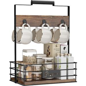 IBUYKE Coffee Mug Holder, Metal 6 Mugs Coffee Cup Holder with Storage Basket,Countertop, Coffee Bar Organizer Countertop Station,Large Mug Display Rack Stand for Kitchen Home Office UTBJ004H