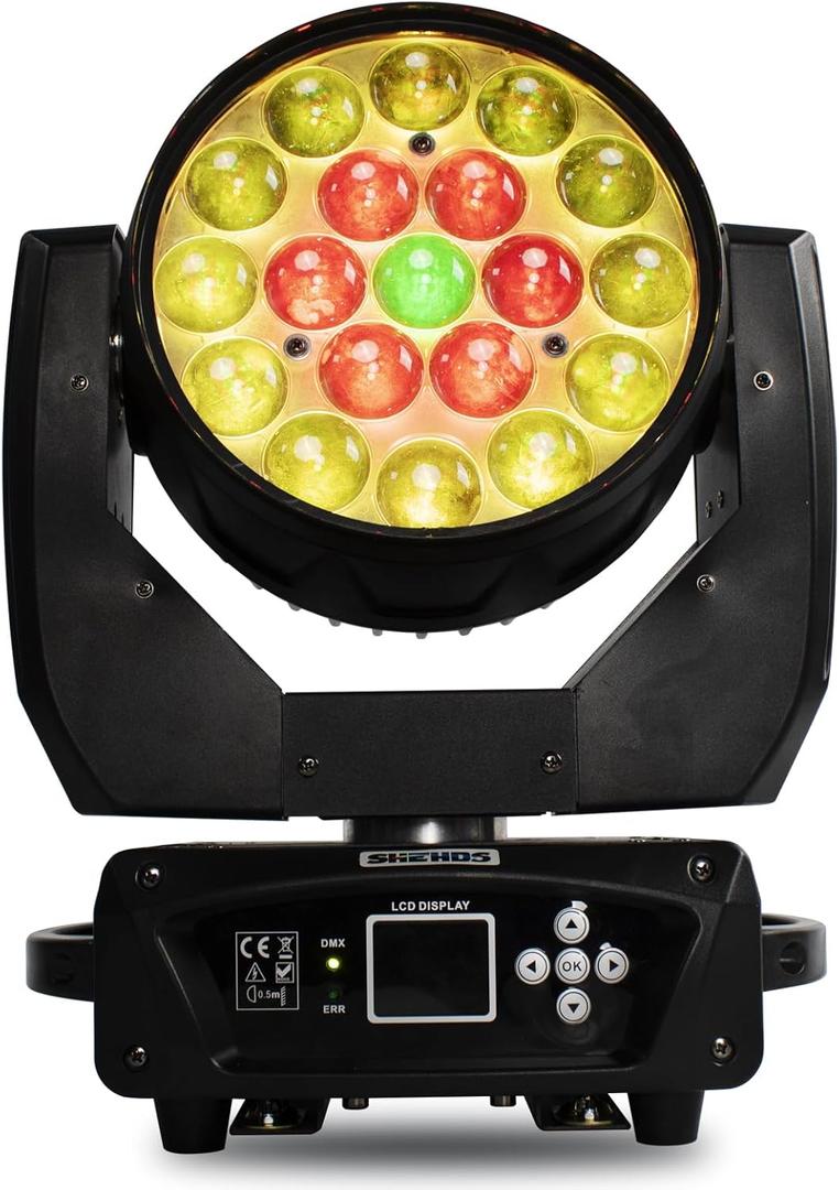 SHEHDS Moving Head Light LED 19x15W RGBW 4in1 Beam/Wash/Zoom Effect Stage Lights Professional DMX512 & Sound Activated Control DJ Lights for Party Wedding Disco and Nightclub - 1 Pack