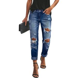 Women's High Waisted Casual Jeans Ripped Vintage Washed Denim with Cuffed Hem (Dark Blue) M