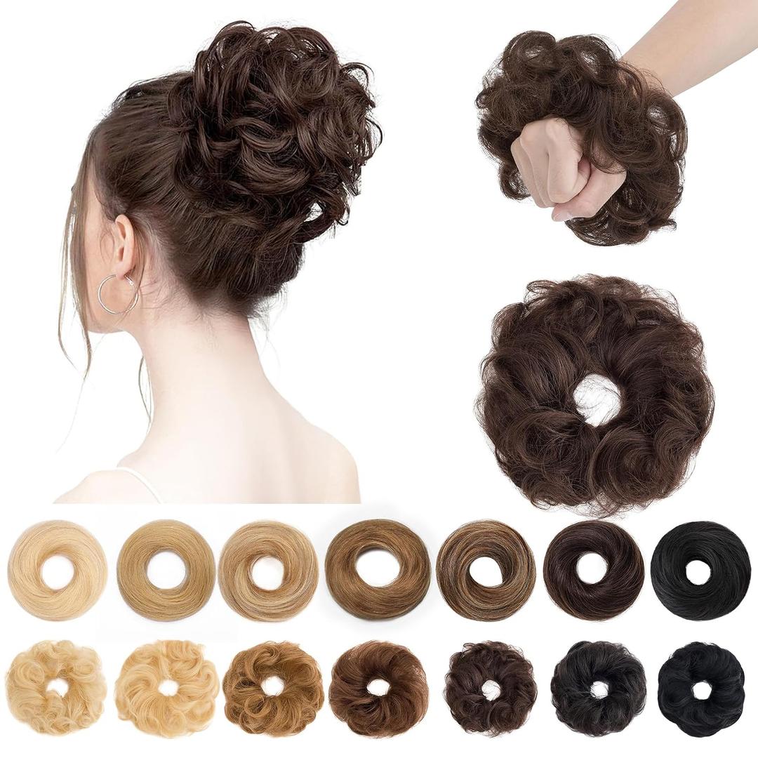 SEGO Human Hair Messy Bun Hairpieces Real Scrunchies Wavy Curly Tousled Updo Donut Chignon Ponytail Extensions for Women Girls-#02 Dark Brown