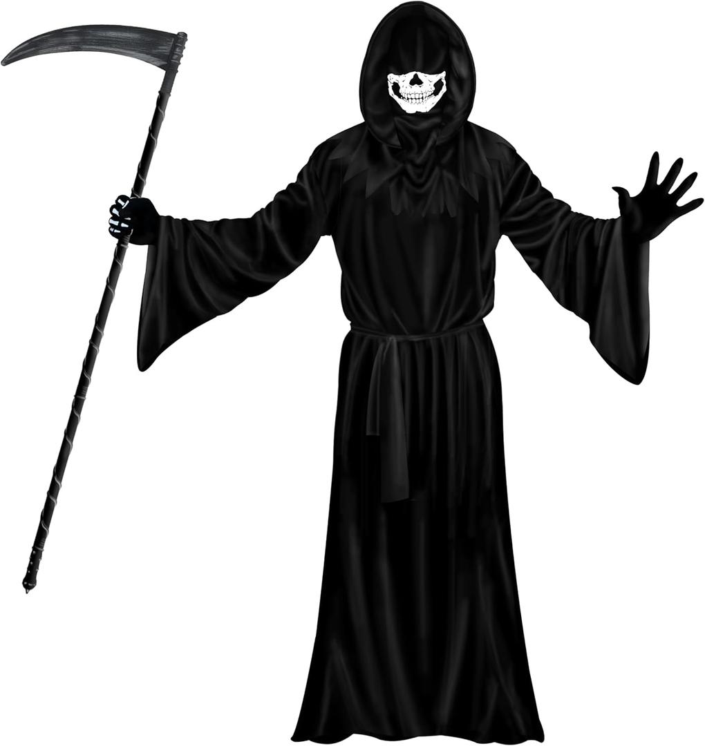 Grim Reaper Costume Set for Mens & Adults, Halloween Scary Ghost Phantom Cosplay Masquerade Tunic Robe with Scythe & Gloves & Hood for Age 14+