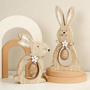 2Pcs Easter Decorations for The Home Farmhouse Rustic Wooden Bunny with Egg Tiered Tray Happy Spring Decoration for Indoor Home Party Tabletop Decoration Easter Gifts for Kids