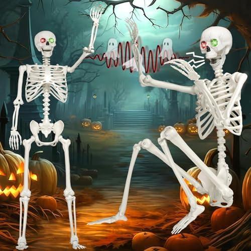 6Ft/185cm Halloween Skeleton Decoration, Large Posable Life Size Skeleton with Glowing Eyes Creepy Sound, Halloween Giant Skeleton Outdoor Indoor Decor for Yard, Haunted House Props, Spooky Party