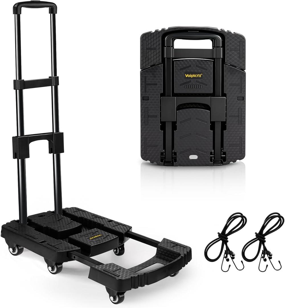 Folding Hand Truck 500lbs, Portable Heavy Duty Dolly Cart, 6 Wheels Collapsible Luggage Cart with 2 Elastic Ropes - Compact Trolley Cart for Easy Moving - Ideal Hand Cart for Travel and More (17, Black)