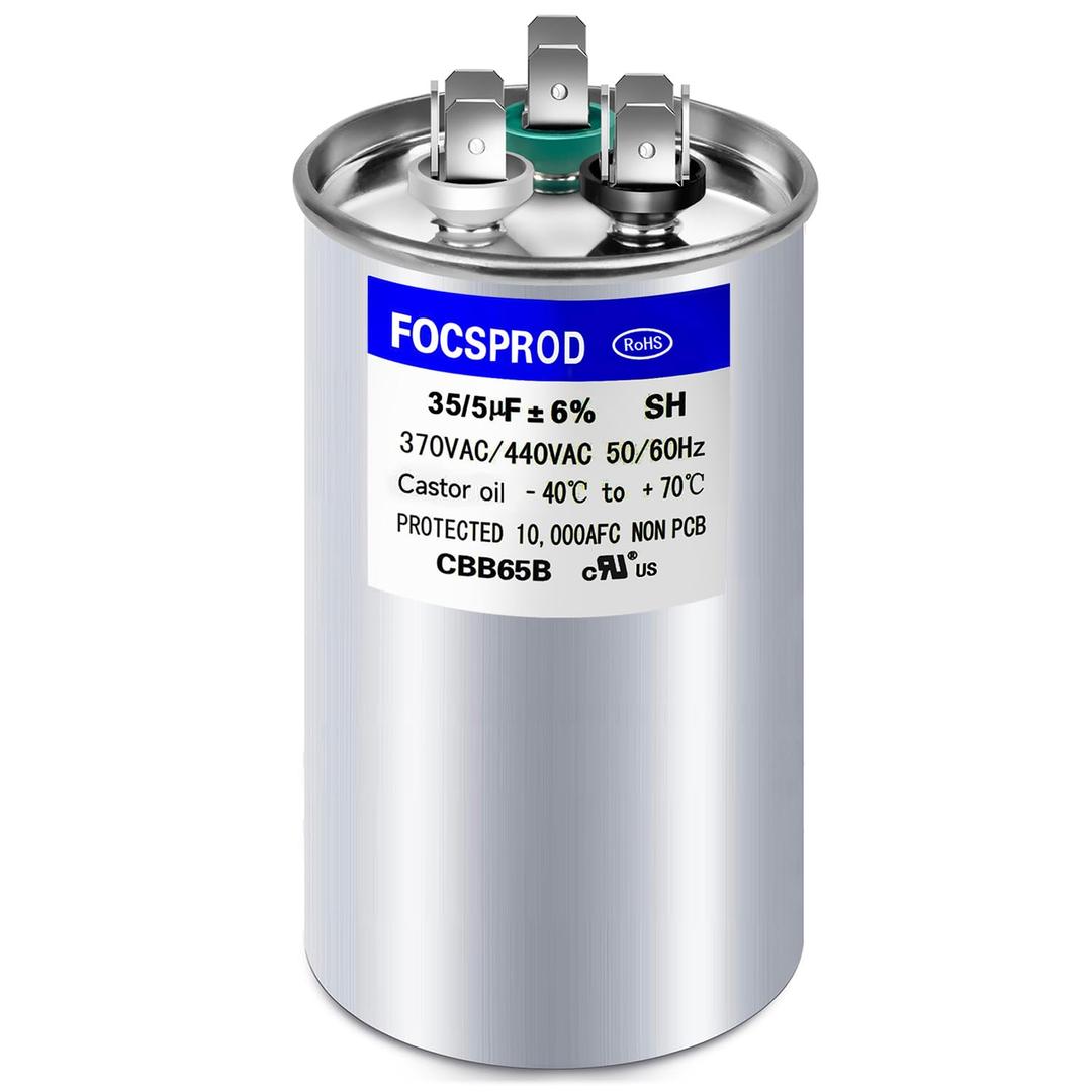 FOCSPROD 45+5 uF 45/ 5 MFD ±6% 370V/ 440V CBB65 AC Capacitor, Dual Run Round Capacitor Replacement, 45 5 uF 440 Volt HVAC for AC Unit Fan Motor Start or Heat Pump or Condenser Straight