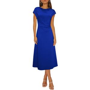 Happy Sailed Women's Spring Summer Short Sleeve Cowl Neck Ruched Waist Flowy A Line Midi Dresses Party Cocktail Dress (Blue, XL)