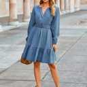 Simplee Womens Fall Denim Dress Casual Long Sleeve V Neck Empire Waist Ruffle A Line Flowy Short Jean Dresses with Pockets (Blue, S)