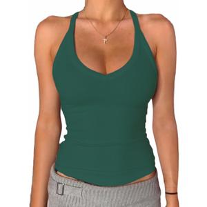 Danysu V Neck Racer Back Tank Top for Women Padded Ribbed Long Tank Fitted Basic Cami Tops (Green, M)