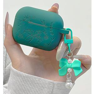 for AirPods Pro 2 Case Cover with Bow Keychain, DamonLight Cute Flower Floral Engraved Silicone Protective Case Cover Compatible with Apple Airpods Pro 2 Case for Women and Girls, Green