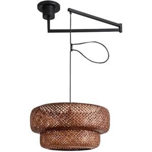Adjustable Arm Woven Rattan Pendant Light Fixture, Boho Swing Arm Basket Weave Hanging Light, Vintage Round Shape Handwoven Pendant Light for Kitchen Island Dining Room (Coffee), 48.6"Hx14.1"Wx14.1"W