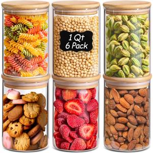 ComSaf 1 Qt Glass Storage Containers with Lids, Glass Jars with Lids, Clear Food Storage Jar, Round Canister Set of 6, Pantry Organizers for Cookie Pasta Flour Rice Tea Coffee Bean ComSaf 1 Qt Glass Storage Containers with Lids, Glass Jars with Lids, Clear Food Storage Jar, Round Canister Set of 6, Pantry Organizers for Cookie Pasta Flour Rice Tea Coffee Bean