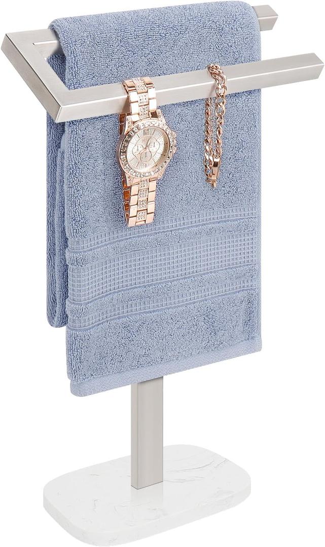 Livabber Standing Hand Towel Holder, 304 Stainless Steel Hand Towel Rack Stand with Heavy Marble Base, Bath Accessories, Towel Ring for Bathroom Kitchen Countertop, 14 Inch (Brushed Nickel)