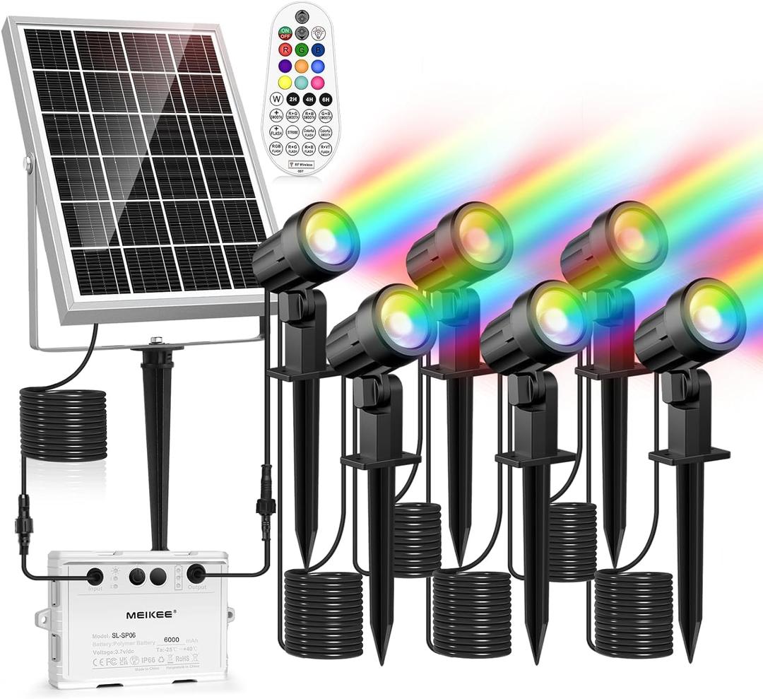 MEIKEE 6 in 1 Solar Landscape Lights, RGB Color Changing Landscape Spotlights Auto On/Off Timer with Remote, Solar Powered RGB Spotlights Outdoor IP66 Waterproof Path Lights for Yard Pool Garden Tree