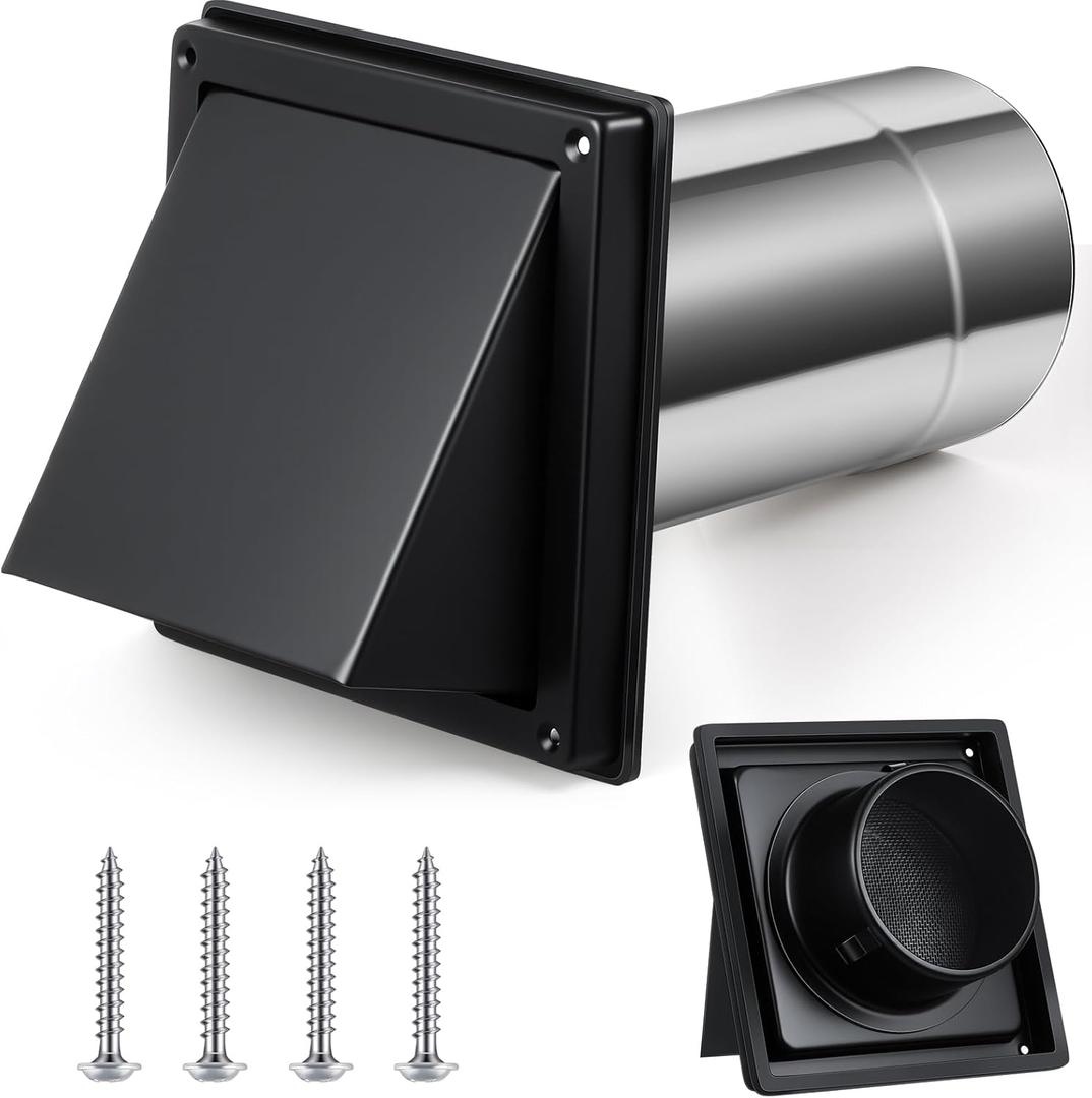 Gisafai 4" Dryer Vent Cover Outside with Stainless Steel Guard Wall Dryer Exhaust Cap and Removable Extended Pipe Vent Shroud Hood Cushioned Non Return Flap with Sealing Gasket Grille(Black)
