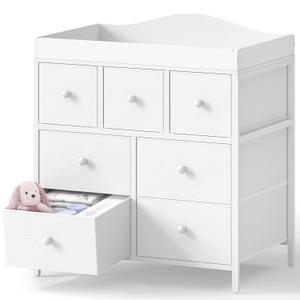 BOLUO Changing Table Dresser with Storage, Baby Dresser with Changing Table Top Diaper Changing Station with 7 Fabric Drawers for Nursery Modern (White)