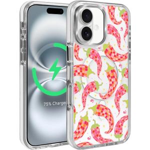 Case for iPhone 16 Compatible with MagSafe Classic Hybrid Magnetic Phone Clear Case Drop Protection Scratch-Resistant Back, Disco Ball Chili