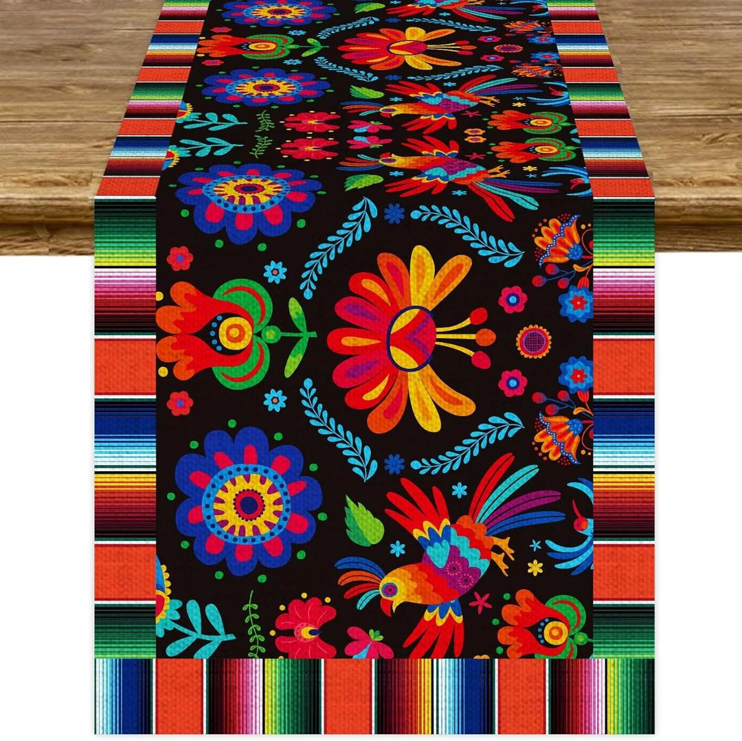 Linen Mexican Fiesta Table Runner Decoration 7213inch Long Fifth of May Dia De Los Muertos Runners Farmhouse Rustic Runner Day of The Dead Decor and Supplies for Kitchen Dining Home Table Decoration