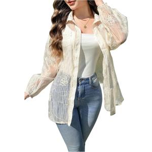 Women's Oversized Sheer Mesh Blouses Floral Embroidery Collared Shirts Long Sleeve Tops Fall Outfits (Beige, L)