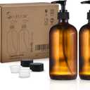 16oz Amber Glass Hand Soap Dispenser, 2 Pack - Thick Pump Bottles for Bathroom, Kitchen, Countertop - Refillable Brown Bottles for Shampoo, Conditioner, Lotion, Oil, Liquid, Set of 2