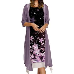 Honwenle Women's Linen Dress 2 Piece Outfit Floral Sleeveless Loose Maxi Summer Dresses with Jacket Formal Casual (3X-Large, Dark Purple)