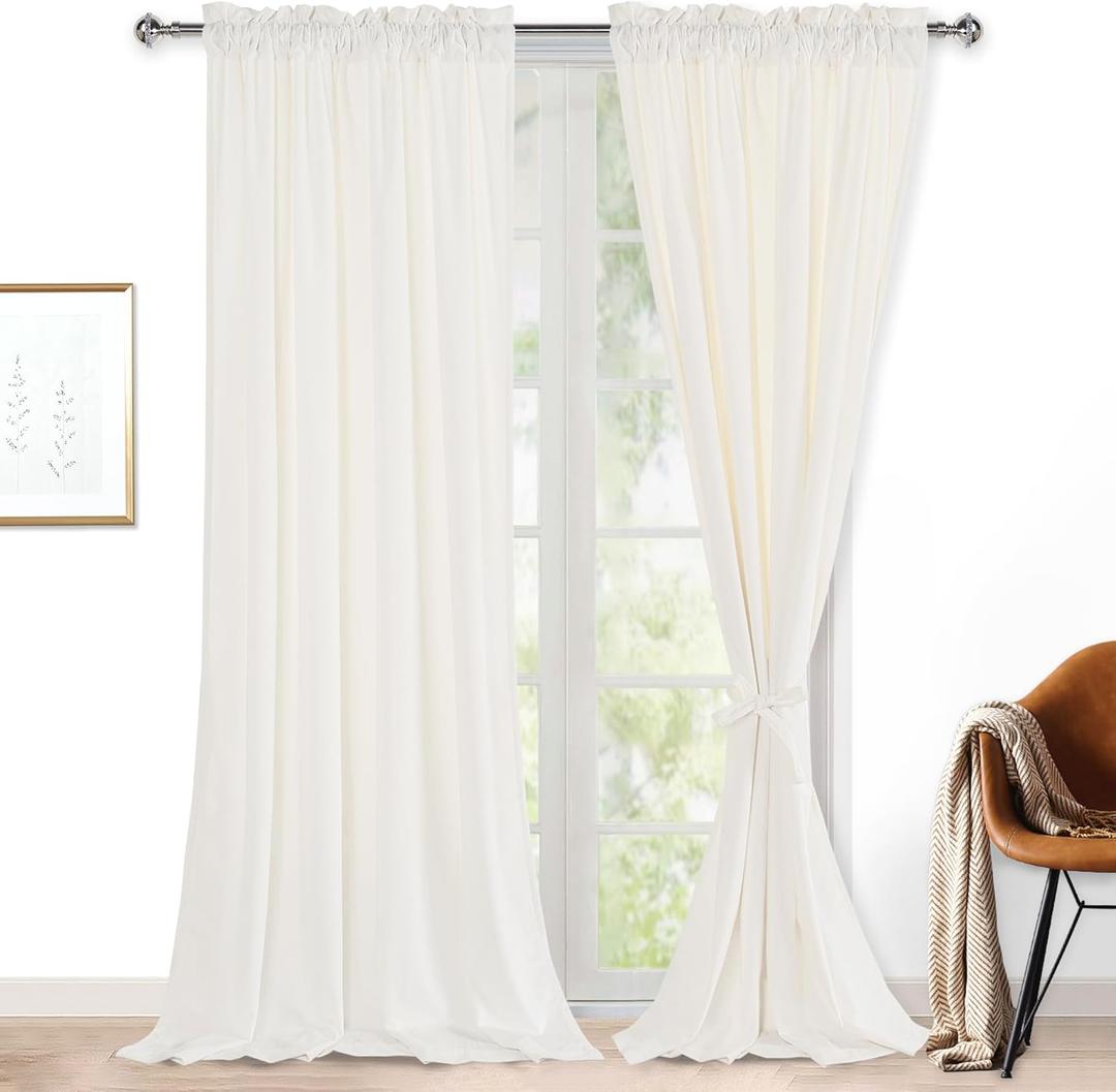 Hiasan Velvet Curtains for Living Room - 108 inches Long Light Blocking Soft Window Drapes Privacy Rod Pocket with Tiebacks for Nursery/Dining Room, Ivory White, 52W x 108L, 2 Panels