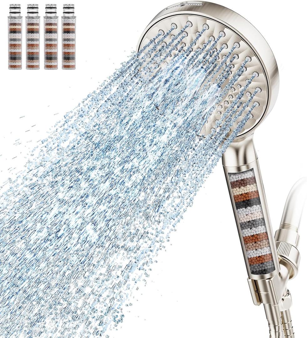 SR SUN RISE Filtered Shower Head with Handheld High Pressure 9 Spray Mode Showerhead Detachable Shower Head Water Softener Filters Beads for Hard Water Remove Chlorine 4 Filters Brushed Nickel