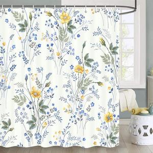 JAWO Country Wildflower Shower Curtain, Blue and Yellow Floral Green Leaf Plant on Beige Shower Curtain for Bathroom 72X72 inch Polyester Fabric Bathroom Decoration Bath Curtains Hooks Included