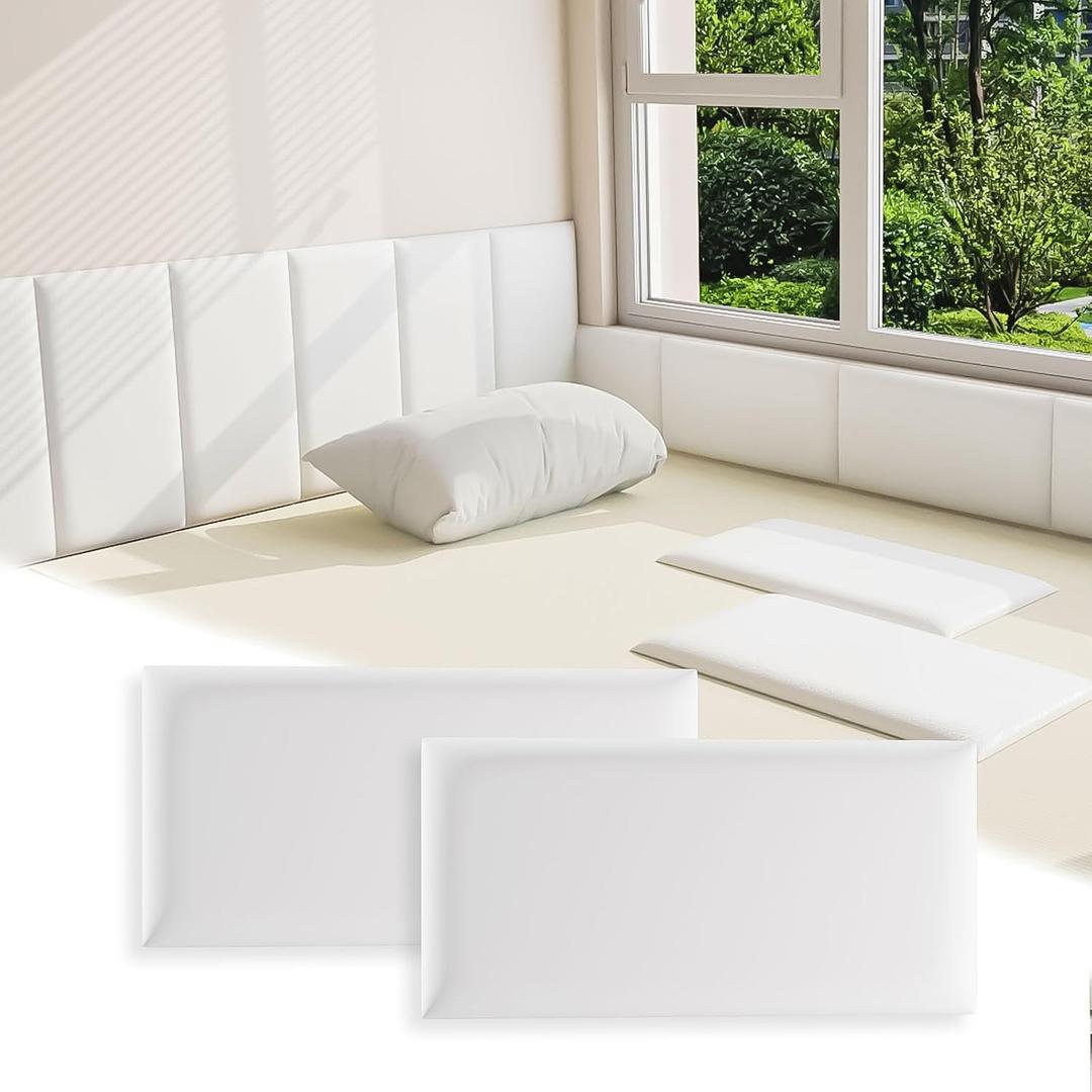 3D Anti-Collision Wall Padding for Kids, White Peel and Stick Headboard Pack of 4 Panels Sized 7.8" x 15.7", Self-Adhesive Panels for Bedroom/Living Room Upholstered Wall