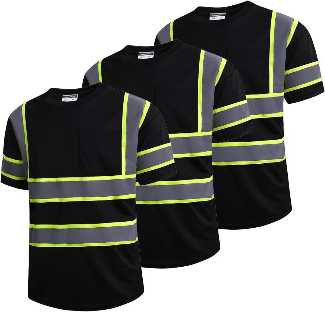 SKSAFETY High Visibility Safety Shirts for Men with Pockets 3 Pcs - Quick Dry Class 2 Hi Vis Construction Work Shirts for Men, Short Sleeve Breathable Birdeyes T-Shirts with Reflective Tapes (Black, 5XL)