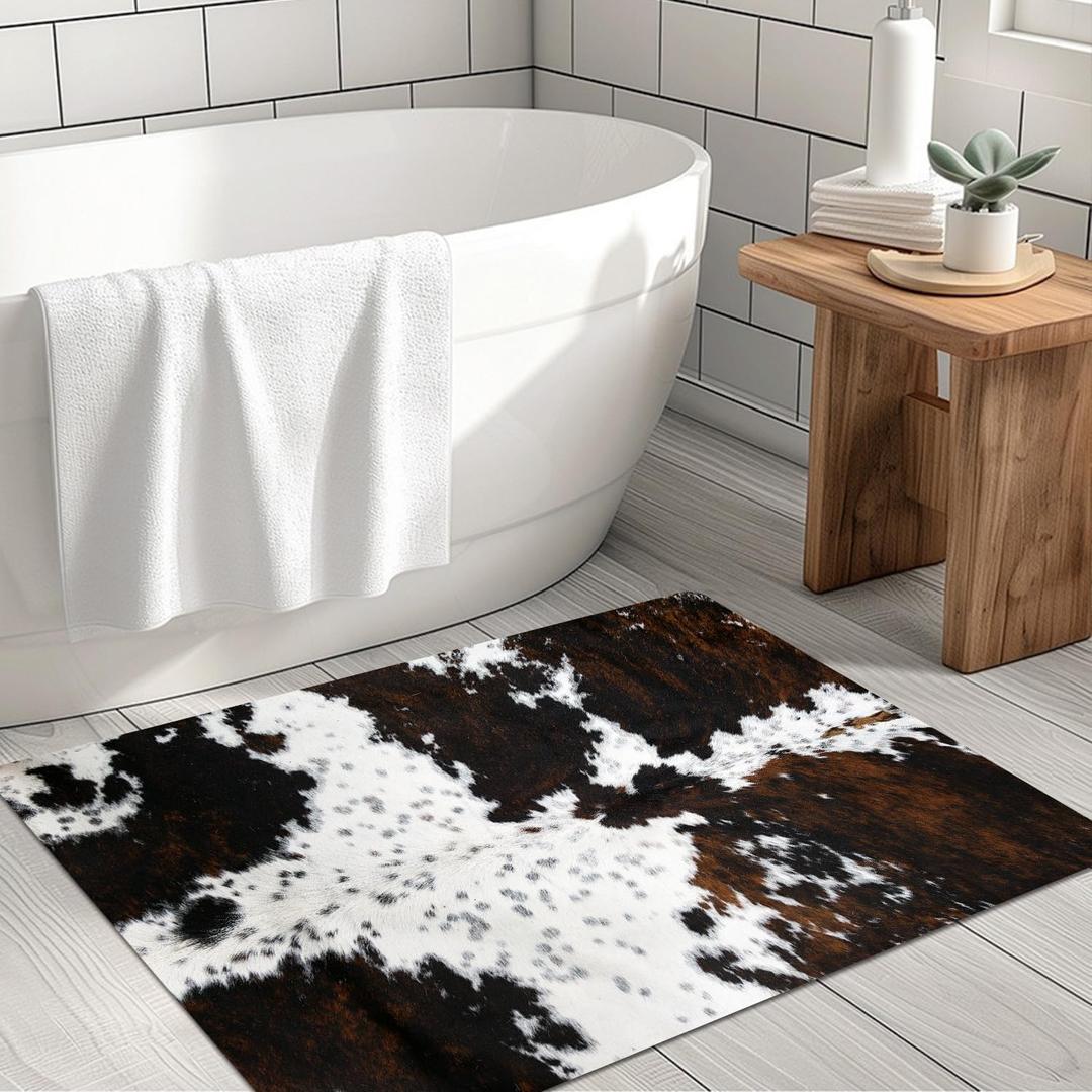 MUGINYU Cowhide Cow Print Large Bath Mat 31x47inch, Western Area Rug for Farmhouse Cowboy Decor,Quick Dry Absorbent Non-Slip Shower Rug Long Bathroom Rug for Floor Bathtub Bedroom Hallway Kitchen