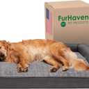 Furhaven Orthopedic Dog Bed for Large Dogs w/ Removable Bolsters & Washable Cover, For Dogs Up to 95 lbs - Luxe Faux Fur & Performance Linen Sofa - Charcoal, Jumbo/XL